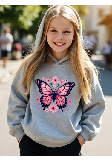 Kışlık Kapüşonlu Sweatshirt, Çocuk Pembe Kelebek Baskılı Gri