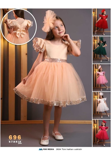 Kız Çocuk Tül Beyaz Pembe Kırmızı Tokalı Prenses Doğum Günü Bayram Abiye Mezuniyet Şık Elbise Beyaz