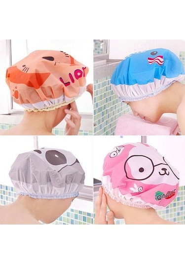 Beyaz Çocuk Karikatür Sevimli Hayvan Baskı Duş Başlığı Banyo Salonu Su Geçirmez Saç Şapka Beyaz