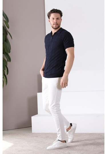 Ferraro Lacivert Polo Yaka Fermuarlı Erkek Pamuk Triko T-Shirt-Lacivert (417942239) Lacivert