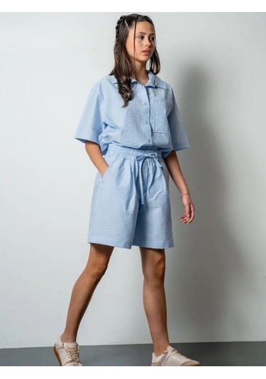 Kız Çocuk Yarım Kollu Gömlek Poplin Şortlu Takım-15809 Mavi