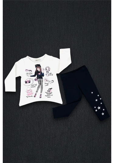 Kız Bebek Beyaz Lacivert Baskılı Mevsimlik Tişört Tayt Takım Beyaz - Siyah