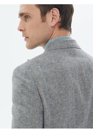 Gri Çizgili Modern Fit Yün Karışımlı Takım Elbise Gri