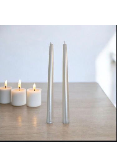 Denic 2 li Metalik Inci Beyaz Şamdan Mum Konik Mum