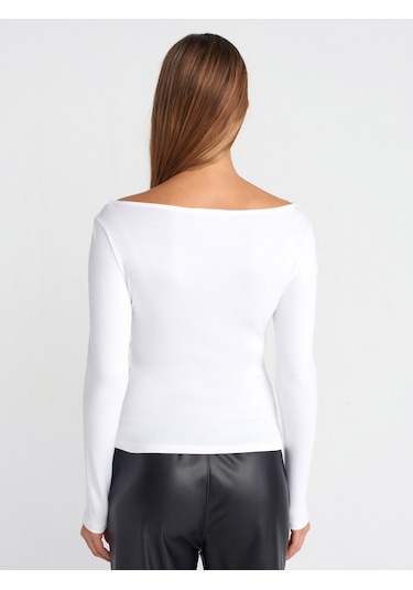 Dilvin 31401 Büzgülü Kayık Yaka Top-beyaz Beyaz