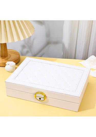 Mdl10- Beyaz Takı Kutusu Kilitli Deri Görünümlü Takı Düzenleyici