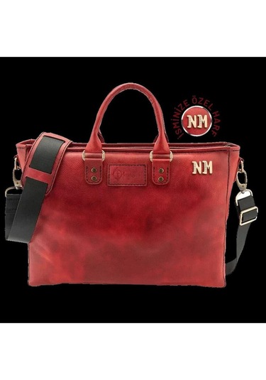 İsme Özel Günlük Kullanım El Omuz Evrak Laptop Çantası - %100 Deri - Ac09004 - Kırmızı-134683 Siyah