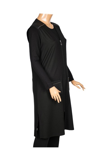 Hesna Kadın Bengü Büyük Beden Fermuarlı Cepli Penye Siyah Yelek Siyah
