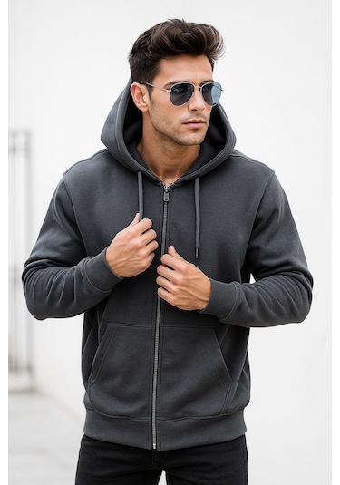 Rich Erkek Füme Kapüşonlu Kanguru Cepli Fermuarlı Sweatshirt Füme