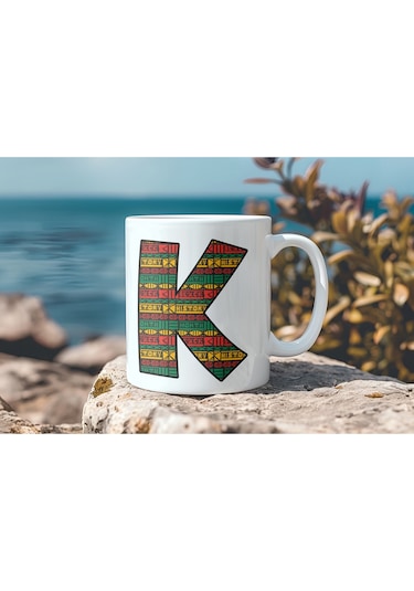 K Harfi Etnik Desenli Kupa - Afrika Tarzı Kahve Çay Kupası - Hediyelik - Black History Beyaz