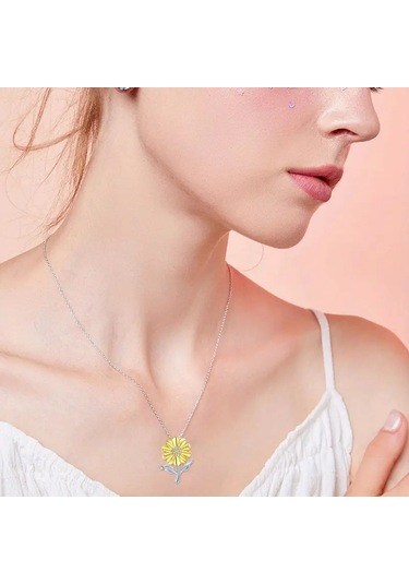 Güneş Çiçeği Büyük Sarı Çiçek Ve Açık Renkli Kolye 925 Ayar Gümüş Zincir Çok Renkli