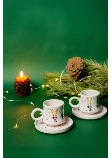 2 Li Takım Yılbaşı Geyikli , El Yapımı Kazan Seramik Kahve Fincanı, Kahve Fincanı, Hand Made Beyaz