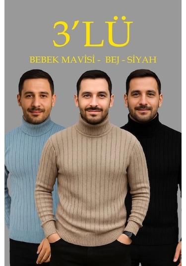 Erkek Fitilli Triko Kazak 3lü Set Bebek Mavisi Bej Siyah Regular Balıkcı Yaka Tam Boğazlı Triko Seti Modeli Kazak Çok Renkli Erkek Fitilli Triko Kazak 3lü Set Bebek Mavisi Bej Siyah Regular Balıkcı Yaka Tam Boğazlı Triko Seti Modeli Kazak Çok Renkli