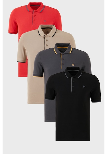 Buratti Pamuklu Slim Fit Şerit Detaylı Düğmeli Polo Yaka 4'Lü Paket Erkek T Shirt 5902118S4 Siyah-Kırmızı-Antrasit-Vizon