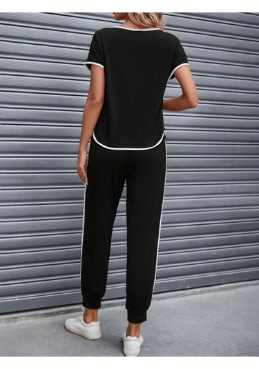 Kadın Kısa Kollu Kayık Yaka Viskon Iki Iplik Bluz Ve Bağcıklı Pantolon Ikili Takım Siyah
