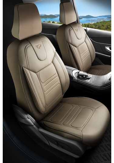 Bej - Bej Panda Rodos Serisi Deri Ortopedik Oto Koltuk Kılıfı - Tam Set