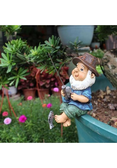 Tenfowee Balıkçı Cüce Heykeli - Akvaryum Ve Bahçe Dekorasyonu - Reçine Bitki Süs Takımı 11x7.5x13.5 Cm