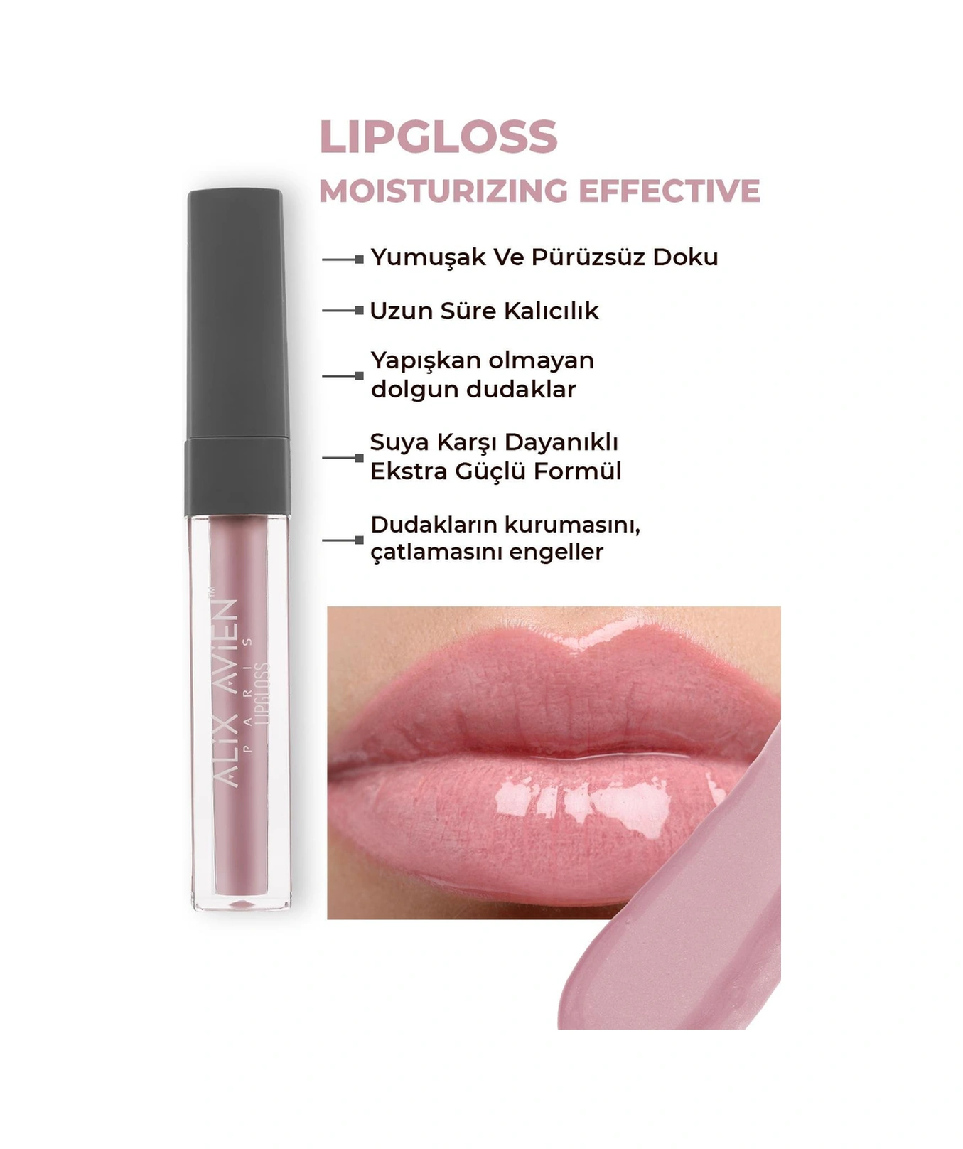 Alix Avien Uzun Süre Kalıcı Yapışkan His Bırakmayan Nemlendirici Dudak Parlatıcısı Lipgloss 01 Rose Pink