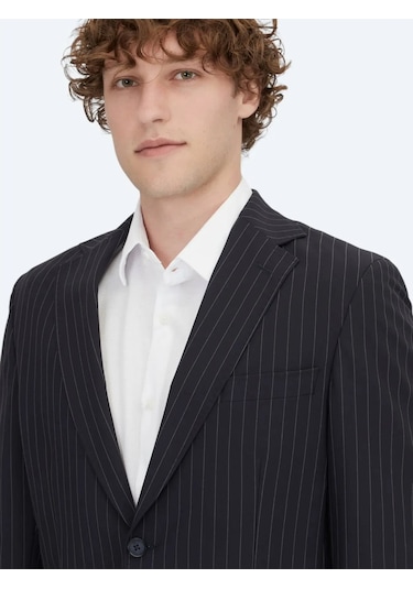 Lacivert Çizgili Modern Fit Örme Takım Elbise Lacivert