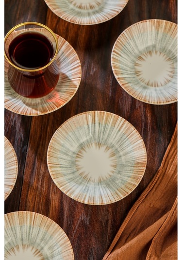 Cooker 6'lı Desenli Porselen Çay Tabağı Bej