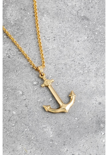 14 Ayar Altın Rolo Zincirli Büyük Boy Taşsız Çapa Erkek Kolye