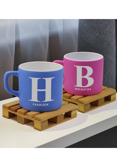 Bk Gift Kişiye Özel İsimli 2li Mavi Ve Pembe Renkli Middle Çay & Kahve Fincanı-3, Arkadaşa Hediye, Sevgiliye Hediye Kobitmeyencom32648 Bk Gift
