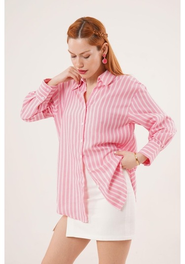 Çift Çizgi Geçişli Düğmeli Pembe Gömlek Karışık Çok Renkli