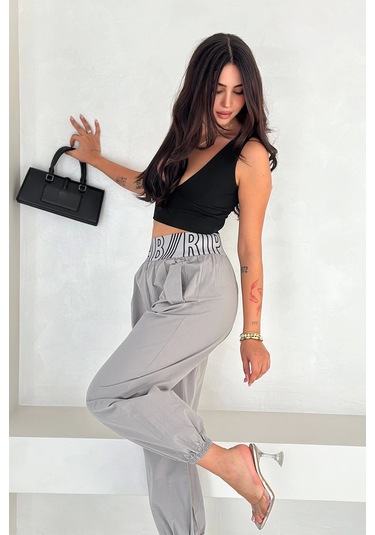 Yıkamalı Gabardin Lastikli Pantolon Gri