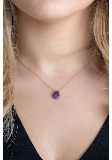 Moom Mücevherat Kadın Mor Damla Doğal Taşlı Kolye 14 Ayar Altın