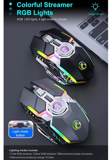 İmıce G7 Renkli Flama Işıkları Şarj Edilebilir Sessiz Kablosuz Fare Siyah Diğer