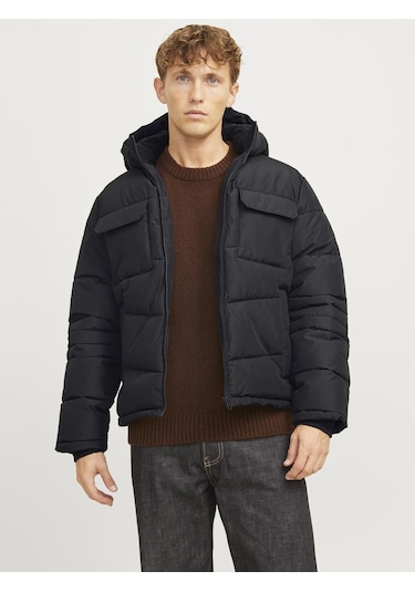 Erkek Kapüsonlu Fermuarli Puffer Mont - Build Black Siyah