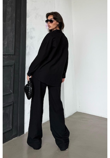 Madmext Siyah Keten Kadın Gömlek Pantolon İkili Takım Mg2356 Siyah