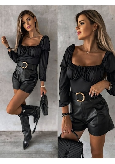 Soonaksesuar Kadın Uzun Kollu Kare Yaka Göğüs Büzgü Detay Sandy Bluz Siyah