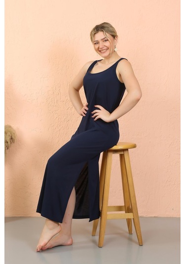 Akbeniz Kadın Kalın Askılı Yırtmaçlı Uzun Lacivert Gecelik 90110-lacivert Lacivert