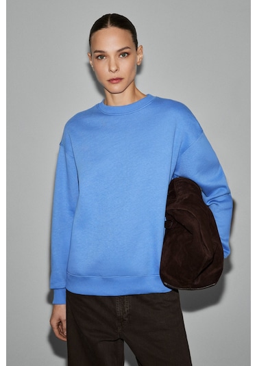 Grimelange Vaneltına Kadın Organik Pamuklu Yumuşacık İçi Polarlı Yuvarlak Yakalı Mavi Sweatshirt Mavi