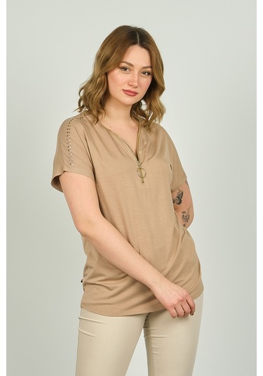 Ella Camelia Kadın Fermuarlı Kısa Kol Bluz 20e038 Vizon