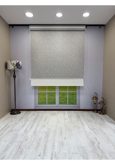 Çift Mekanizmalı Gri Çizgili Desenli Tül Ve Beyaz Stor Perde - İthal Mat Polyester Gri