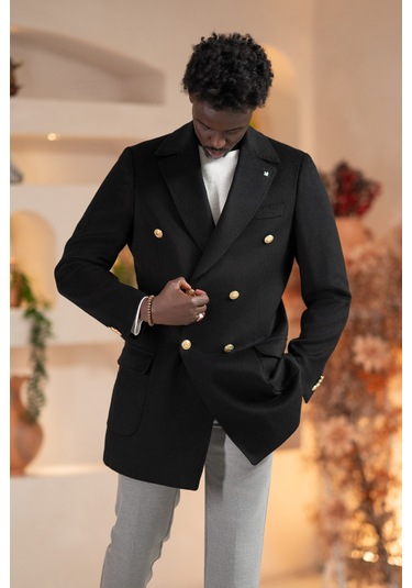 Paul Martin İtalyan Yaka Yünlü Kruvaze Kaşe Kaban Siyah