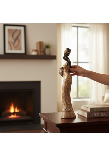 Lüks İşlemeli Geleneksel Yerel Kıyafetli Afrikalı Kadın Heykeli Dekoratif Biblo Ev Ofis Hediyesi Md1