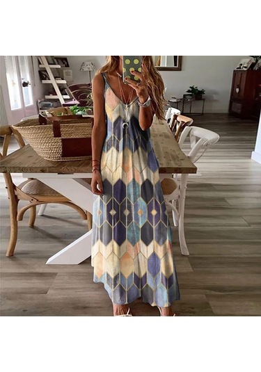 Turuncu Kadın Etek Yaz Gündelik Baskı Yular Tank Elbise Uzun Elbise