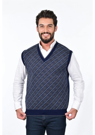 Kamalı Lacivert Erkek Çelik Örgü Ekose Desenli Kalın Triko V Yaka Triko Örgü Tüylenmez Süveter Regular Lacivert