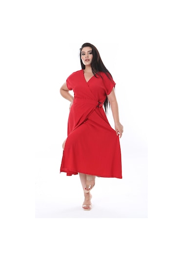 Kadın Büyük Beden Kırmızı Bürümcük Kumaş Beli Tokalı Anvelop Elbise 65n38314-kırmızı Kırmızı