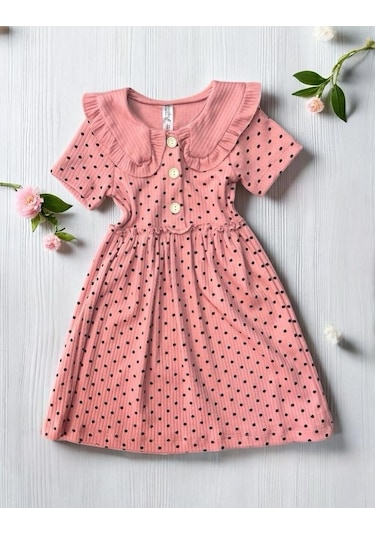 Bebe Yaka Puanlı Raporlu Elbise Gülkurusu