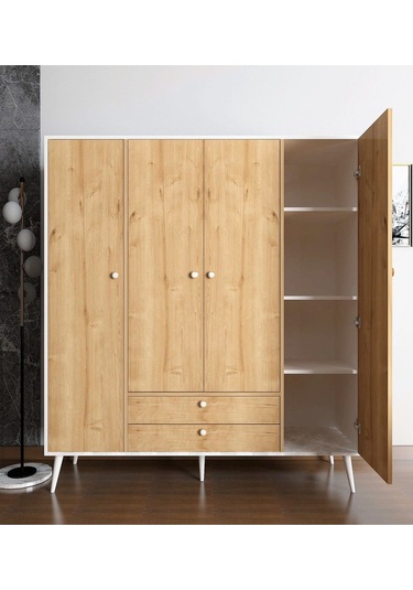 Floradesign Riva Elbise Dolabı 4 Kapaklı Çekmeceli Dolap Gardırop /meşe / Beyaz Meşe -beyaz