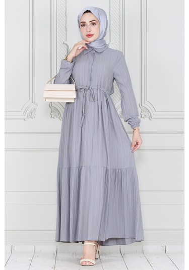 Gömlek Yaka Beli Tünelli Sare Elbise-gri-4014-gri Gri