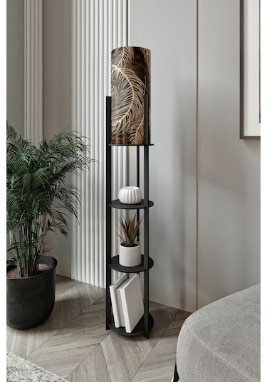 Yuvarlak Raflı Lambader Black Şapka Rengi