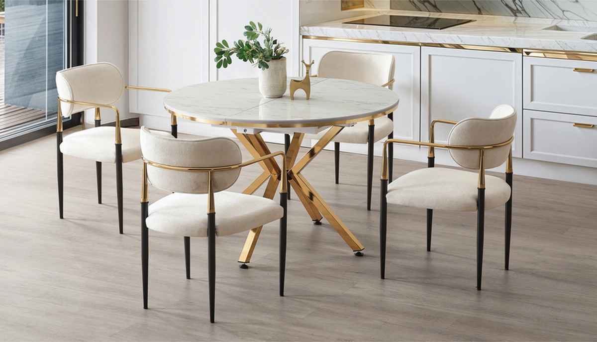 Dengema Zenit Plus Açılır Yuvarlak Masa Takımı Beyaz Mermer Gold Ayak Ø120 160 Cm, 4 Sandalye Beyaz Mermer - Gold Ayak