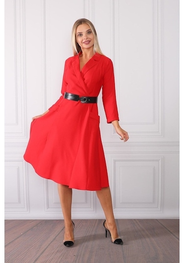 E.T.'S Element'S Kadın Kruvaze Yaka Elbise Kırmızı