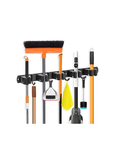 Qingmipy Duvar Üstü Süpürge Ve Mop Tutucu, 5 Konumlu 4 Paslanmaz Çelik Kanca, Otomatik Yapışkan, Garaj-mutfak-banyo İçin Düzenleyici