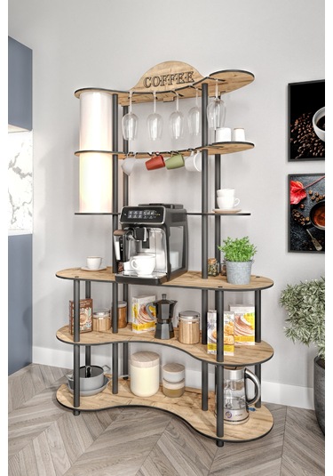 Brew-blıss Mutlu Kahve Köşesi-çok Amaçlı Mutfak Rafı Safir Meşe-lambader Aydınlatmalı Meşe